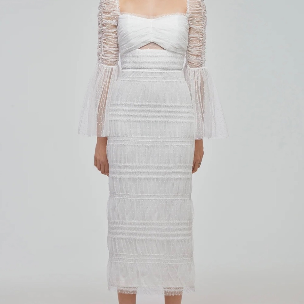 Self Portrait Shirred Dot Mesh MIDI Dress - NWT